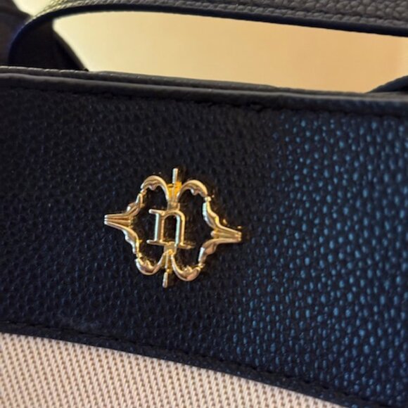 Nanette Lepore black leather and beige canvas shoulder handbag (#102) - Picture 7 of 8